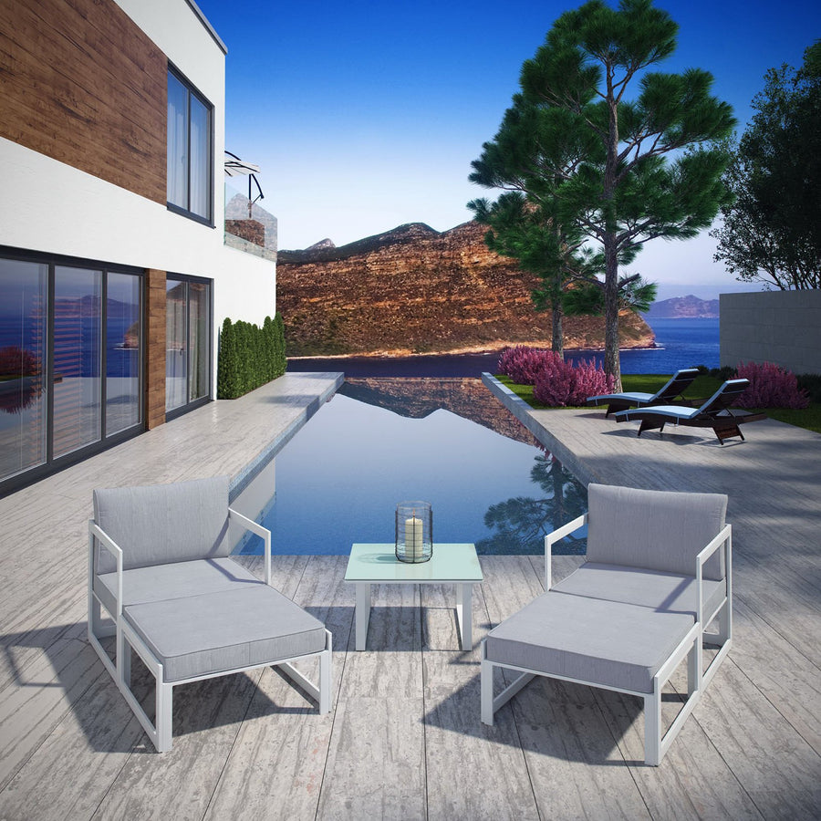 Lotus 5 Piece Outdoor Patio Sectional Sofa Set in White Gray