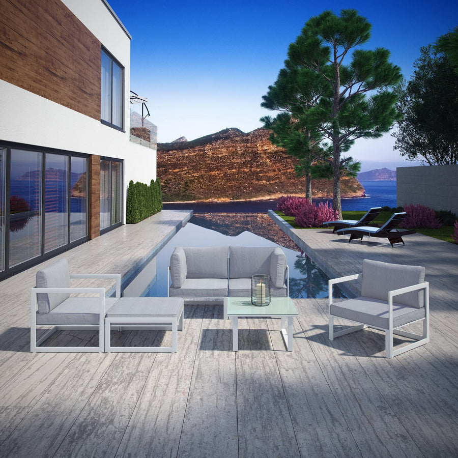 Lotus 6 Piece Outdoor Patio Sectional Sofa Set in White Gray