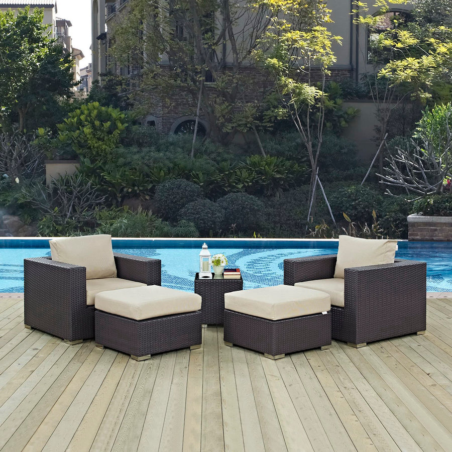 Sienna 5 Piece Outdoor Patio Sectional Set in Espresso Beige