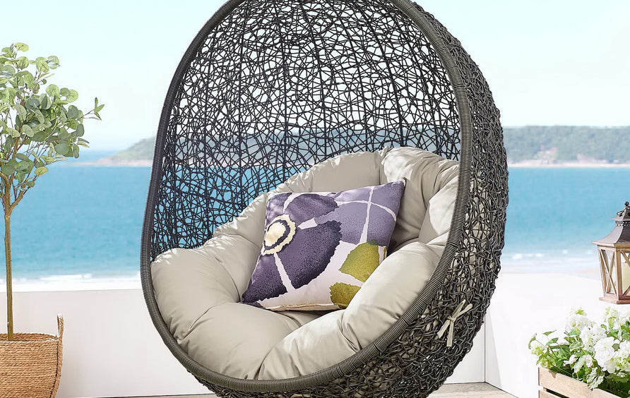 Cornice Outdoor Patio Swing Chair With Stand in Gray Beige