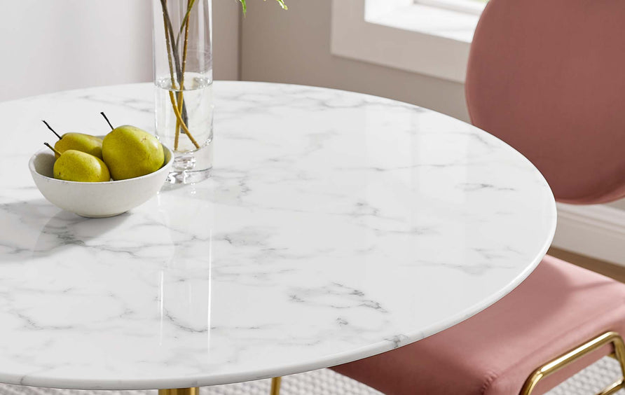 Lumen 36" Round Faux Marble Dining Table in Gold White