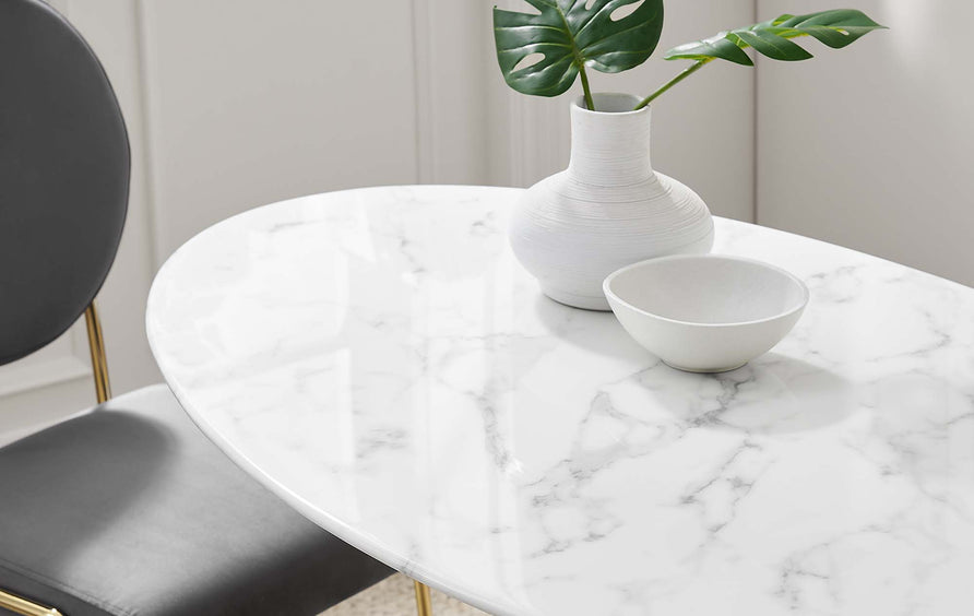Lumen 48" Oval Faux Marble Dining Table in Gold White