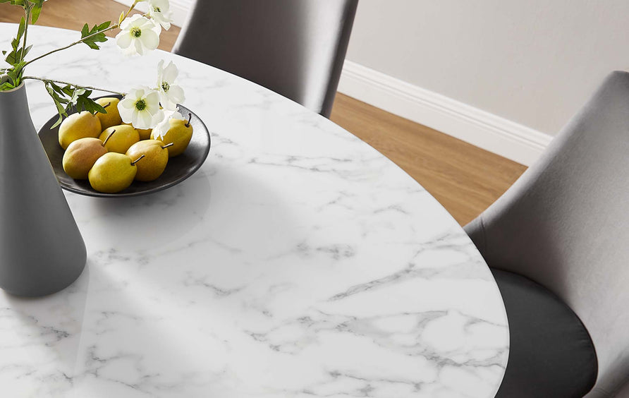 Lumen 60" Oval Faux Marble Dining Table in Gold White