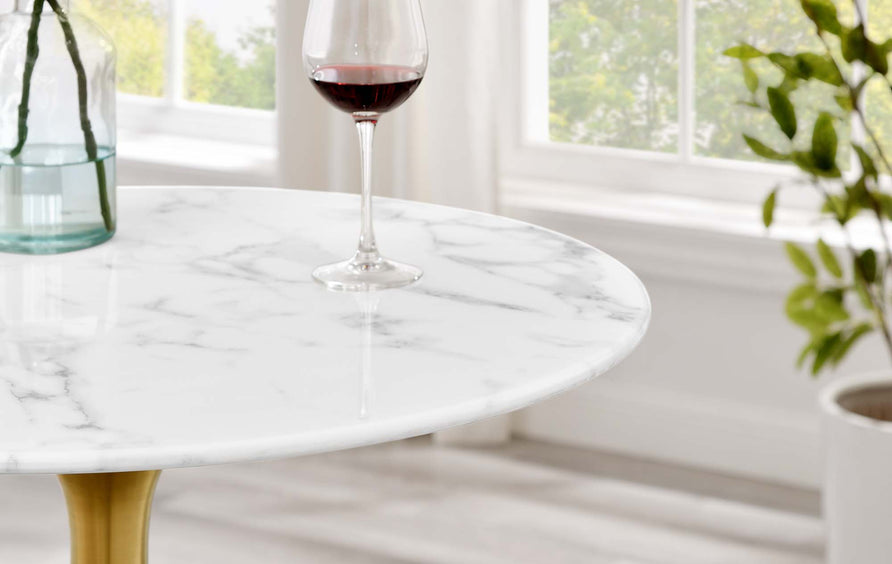 Lumen 28" Round Faux Marble Bar Table in Gold White