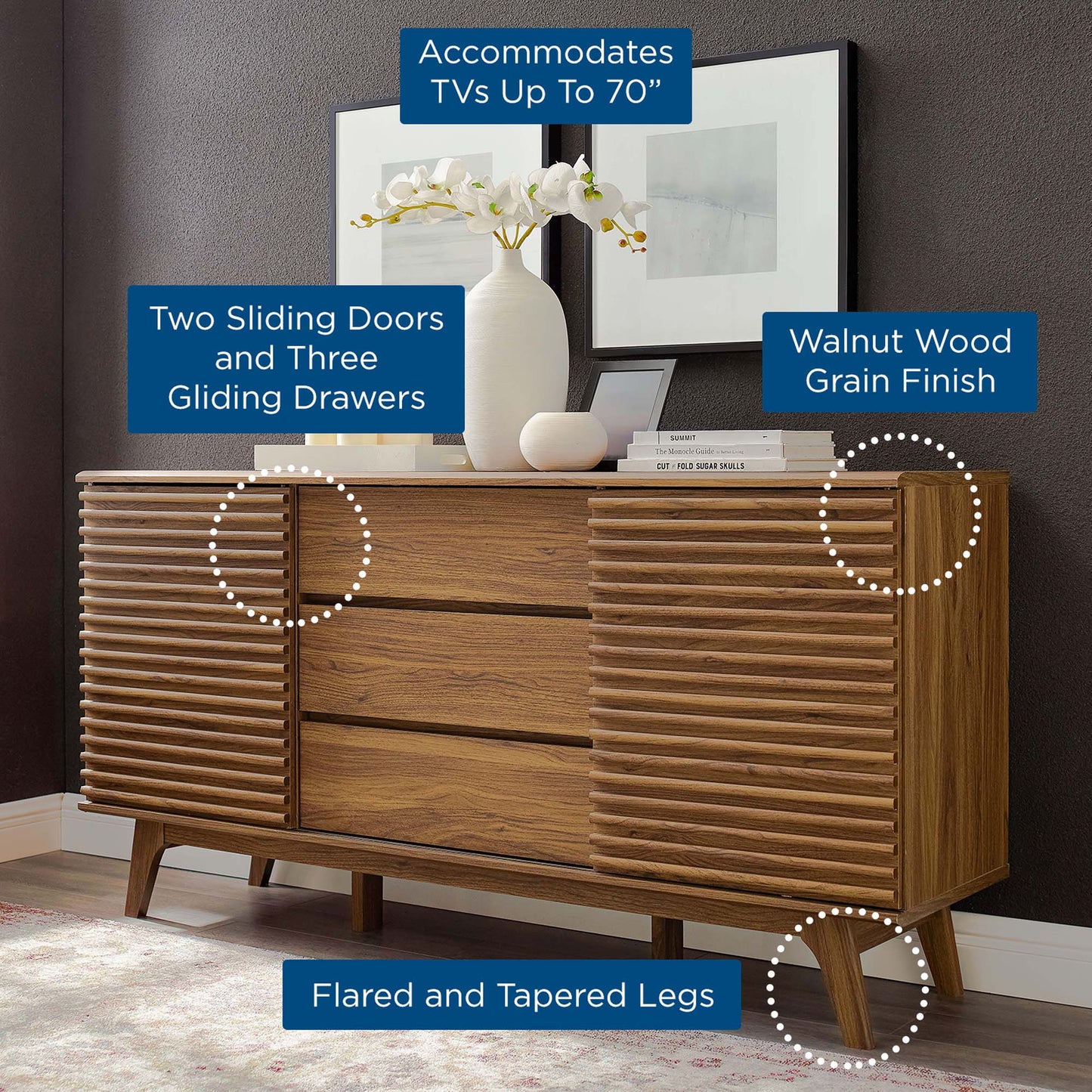 Vera 63" Sideboard Buffet Table or TV Stand in Walnut