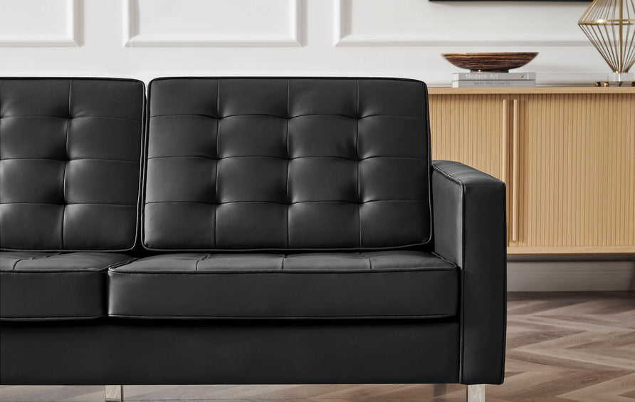 Mesa Tufted Vegan Leather Sofa in Silver Black