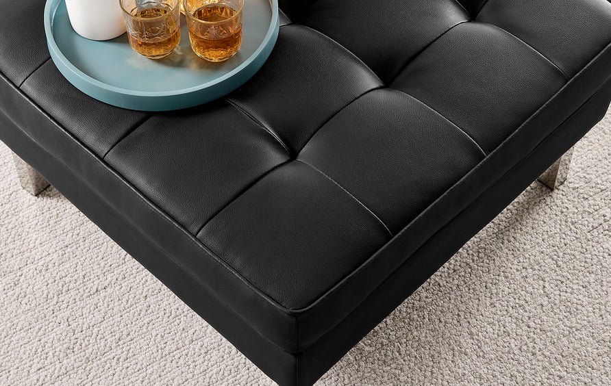 Mesa Tufted Vegan Leather Ottoman in Silver Black