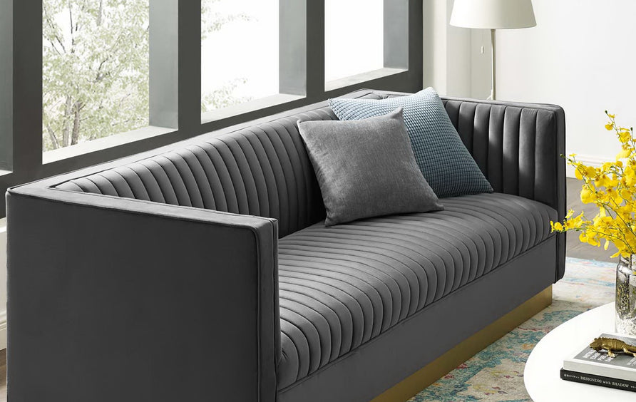 Soren Vertical Channel Tufted Performance Velvet Sofa in Gray