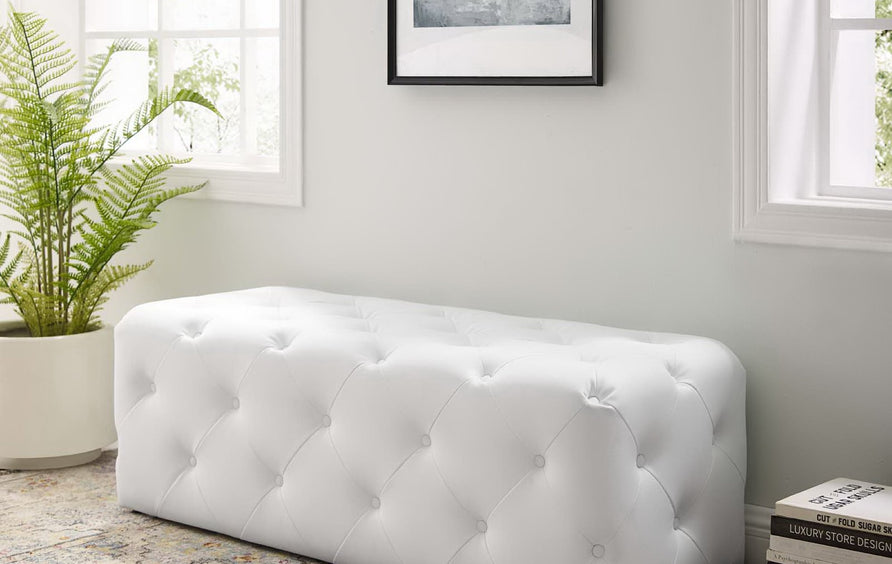 Alder 48" Tufted Button Entryway Faux Leather Bench in White