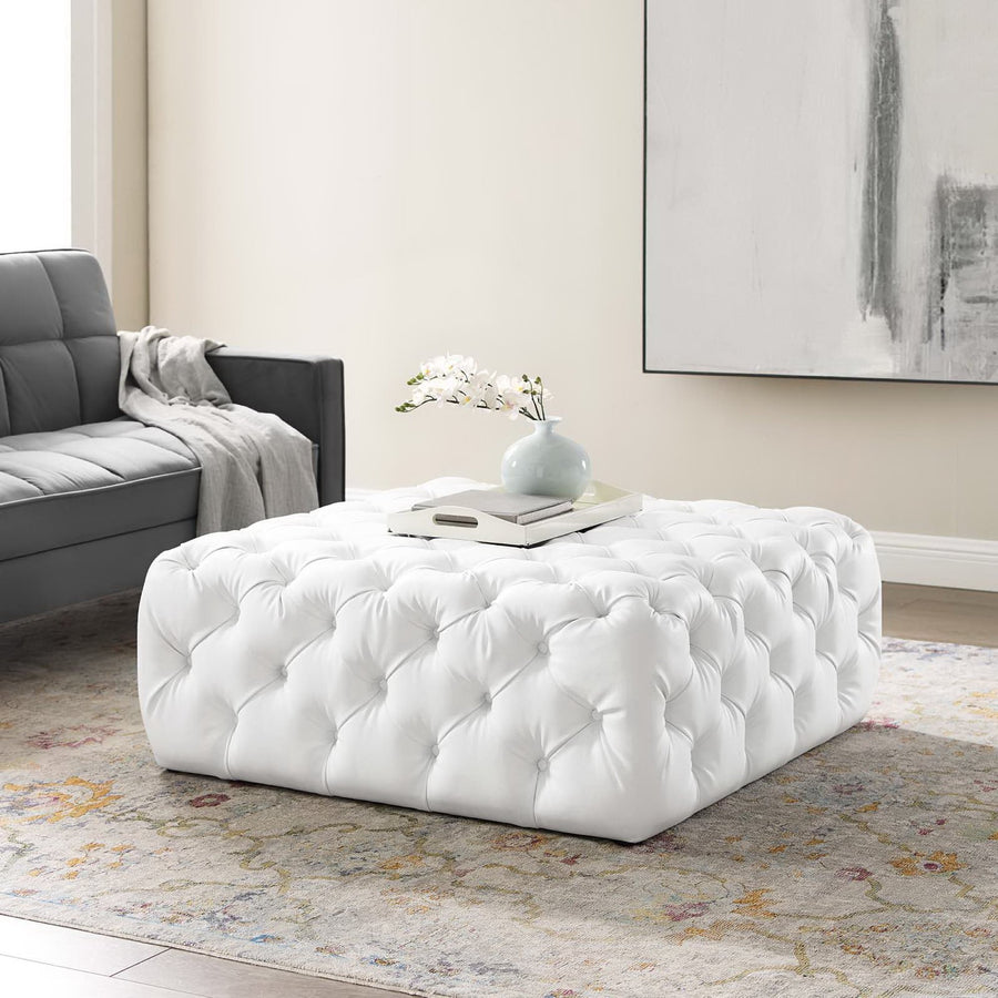 Alder Tufted Button Large Square Faux Leather Ottoman in White