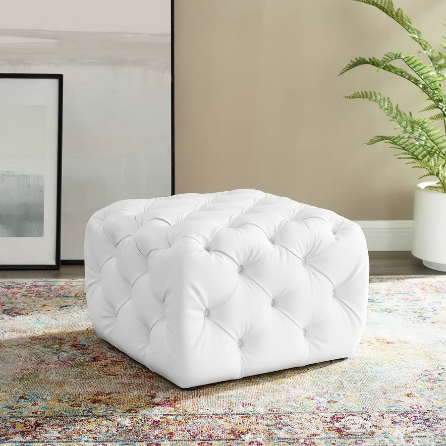 Alder Tufted Button Square Faux Leather Ottoman in White