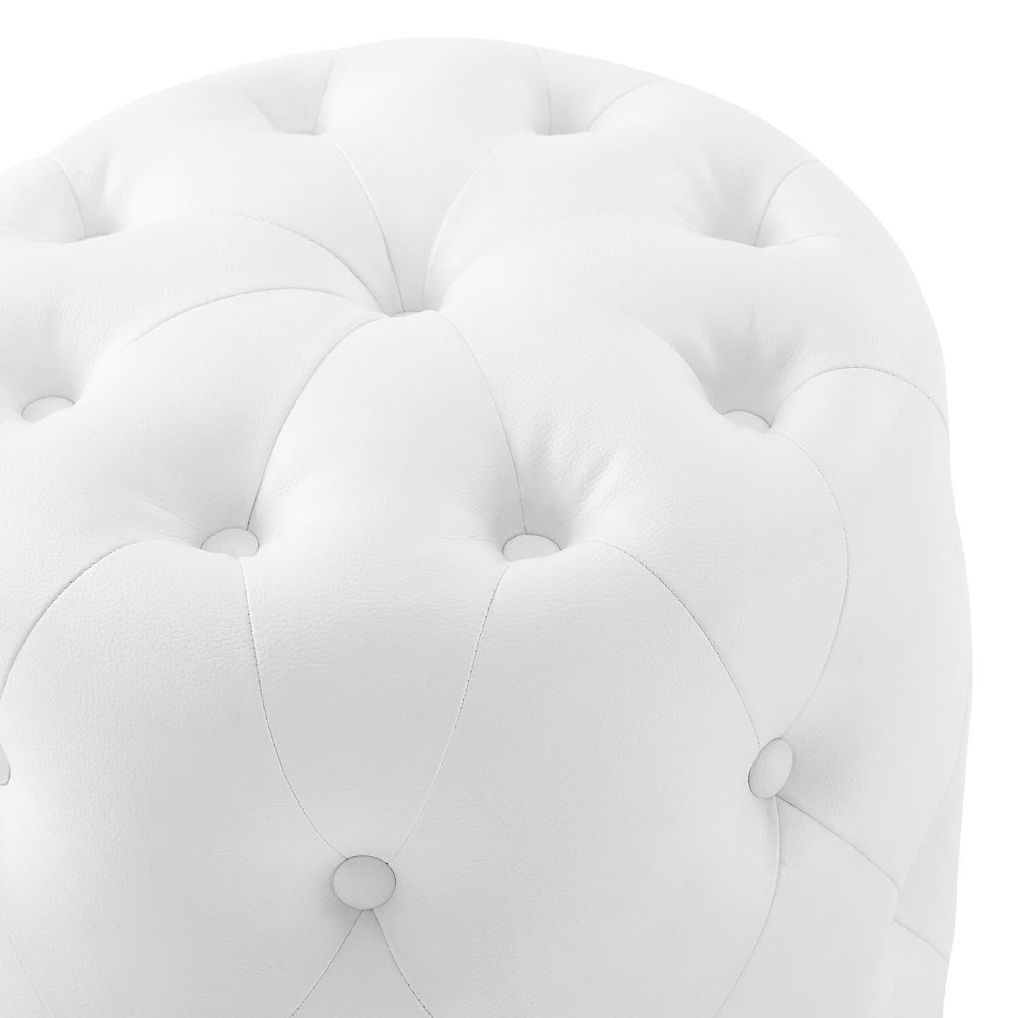 Alder Tufted Button Round Faux Leather Ottoman in White