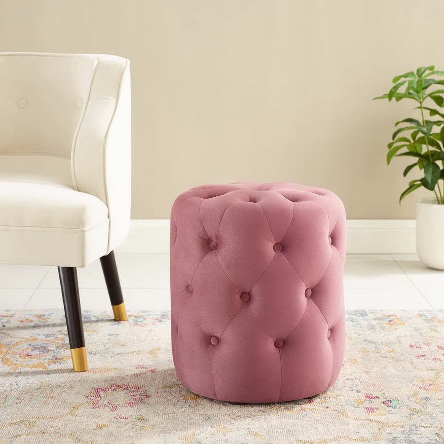 Alder Tufted Button Round Performance Velvet Ottoman in Dusty Rose