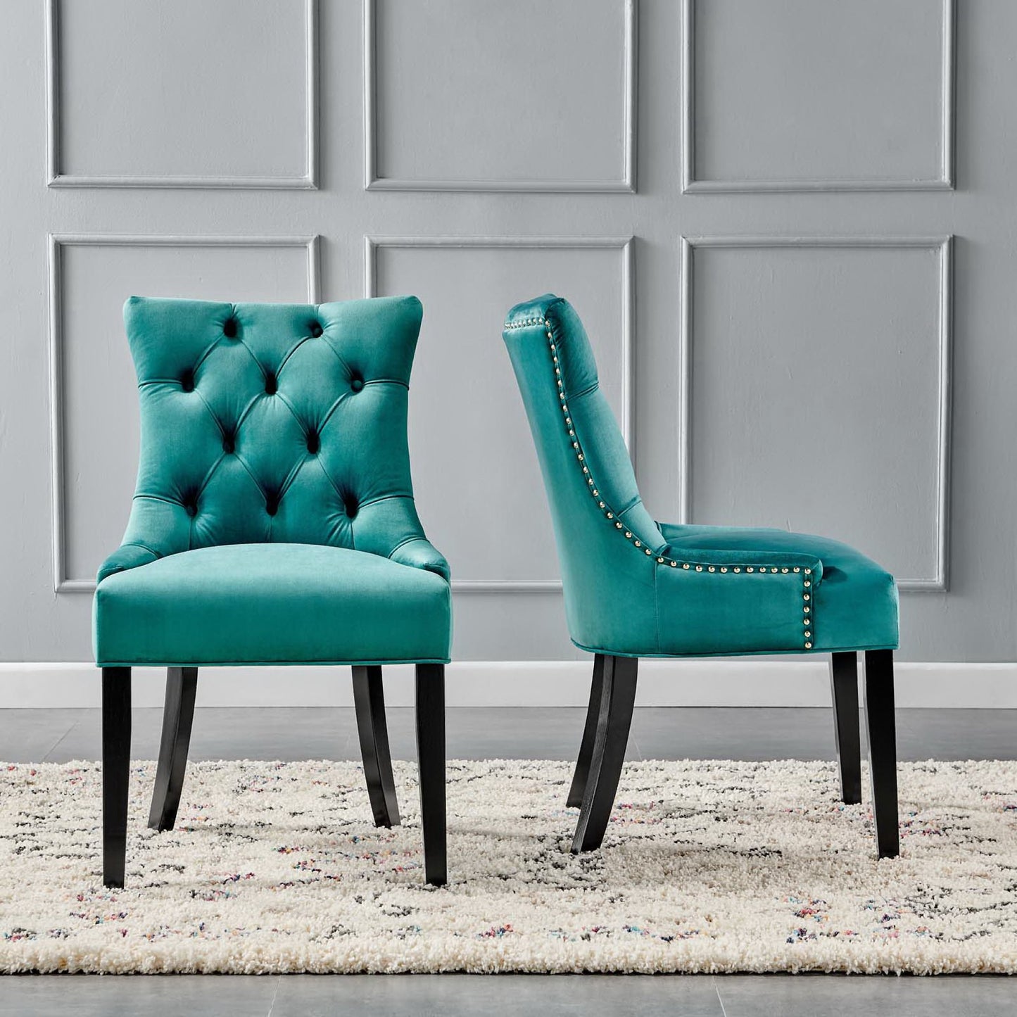 Hollow Tufted Performance Velvet Dining Side Chairs Set of 2 in Teal