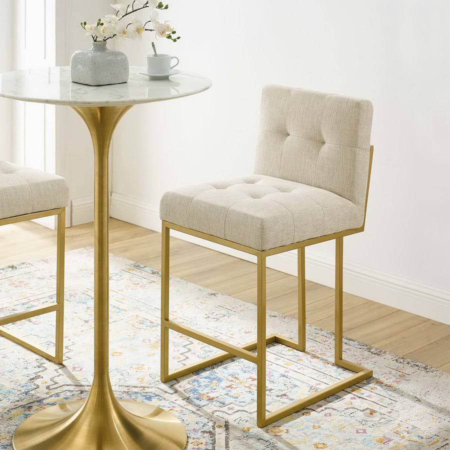 Indigo Gold Stainless Steel Upholstered Fabric Counter Stool in Gold Beige