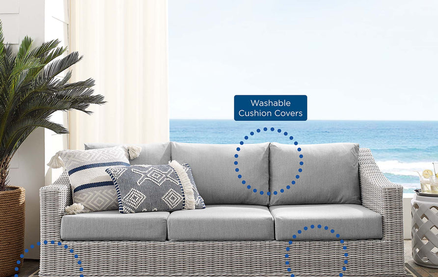 Harlow Sunbrella® Outdoor Patio Wicker Rattan Sofa in Light Gray Gray