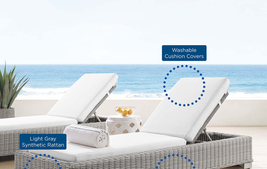 Harlow Sunbrella® Outdoor Patio Wicker Rattan Chaise Lounge in Light Gray White