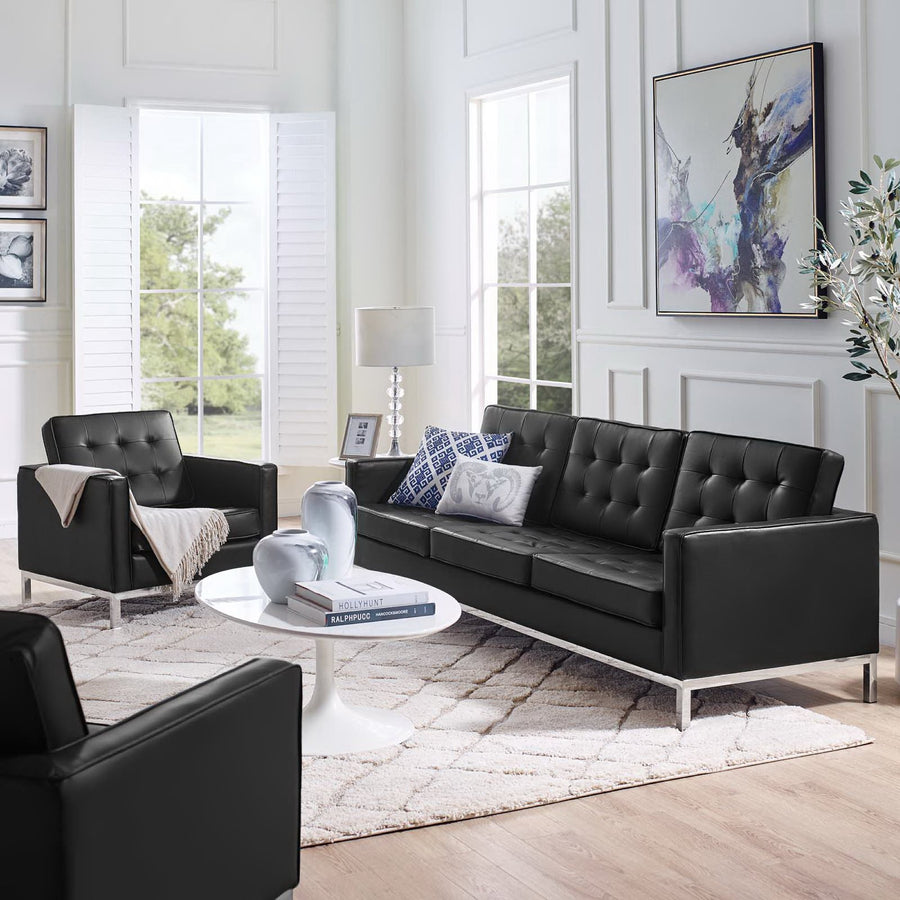Mesa Tufted Upholstered Faux Leather Sofa and Armchair Set in Silver Black