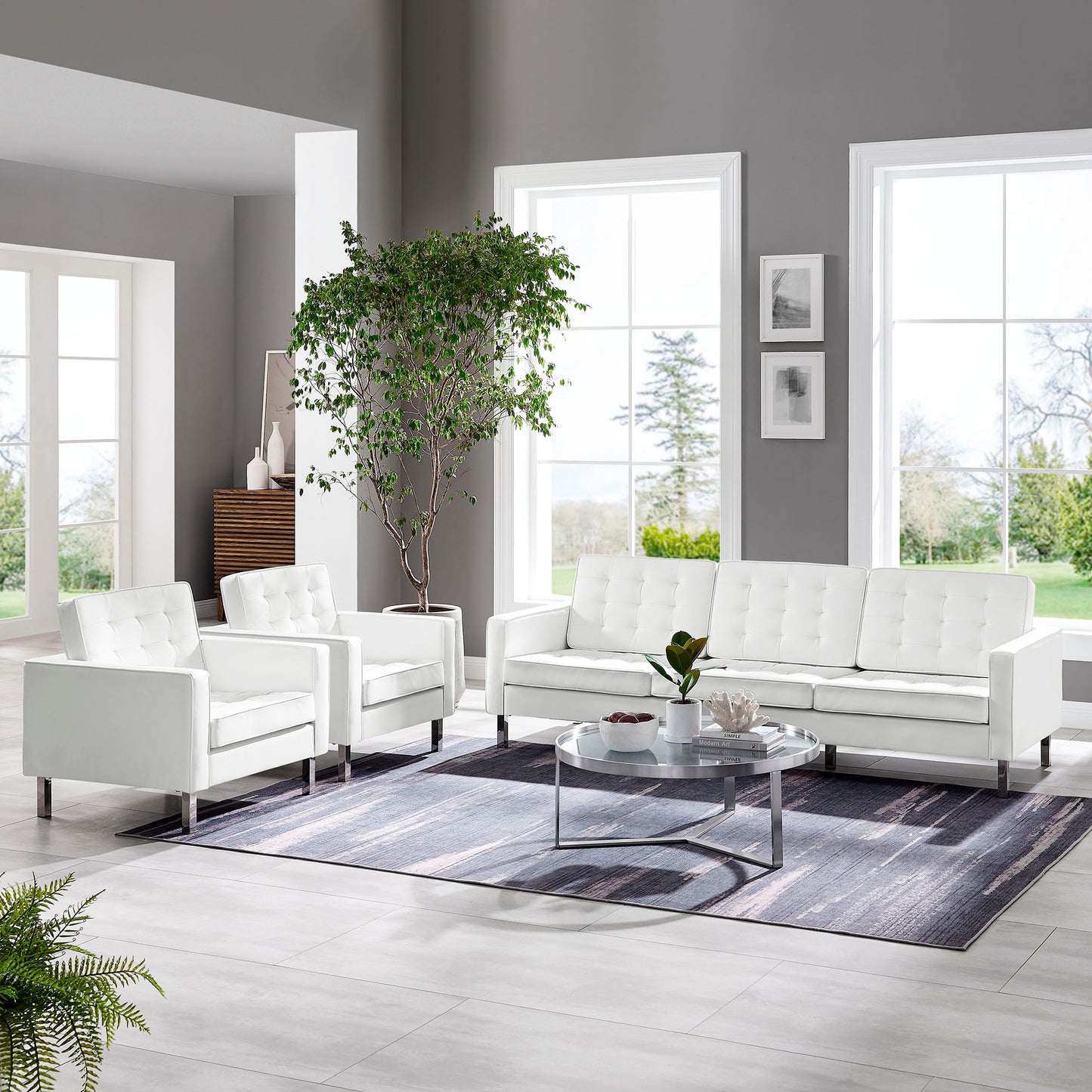 Mesa 3-Piece Tufted Vegan Leather Furniture Set in Silver White