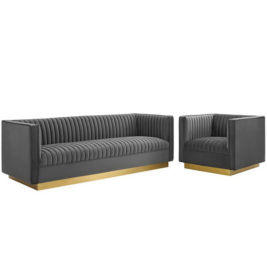 Sanguine Vertical Channel Tufted Upholstered Performance Velvet Sofa and Armchair Set by Furniture For America