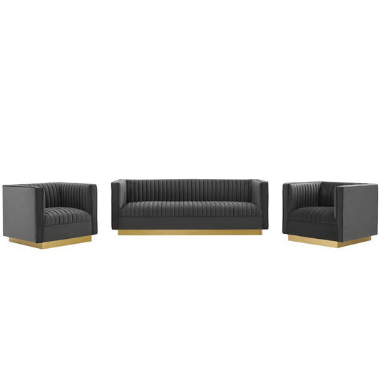 Sanguine 3 Piece Vertical Channel Tufted Upholstered Performance Velvet Set by Furniture For America