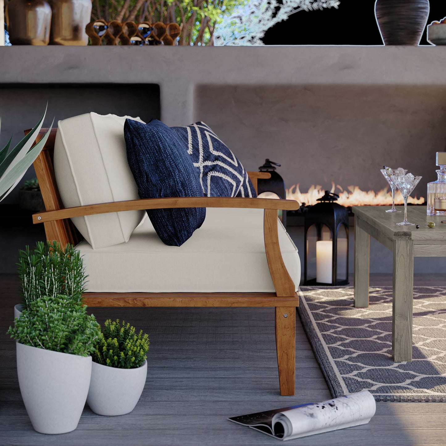 Cove Outdoor Patio Teak Sofa in Natural White