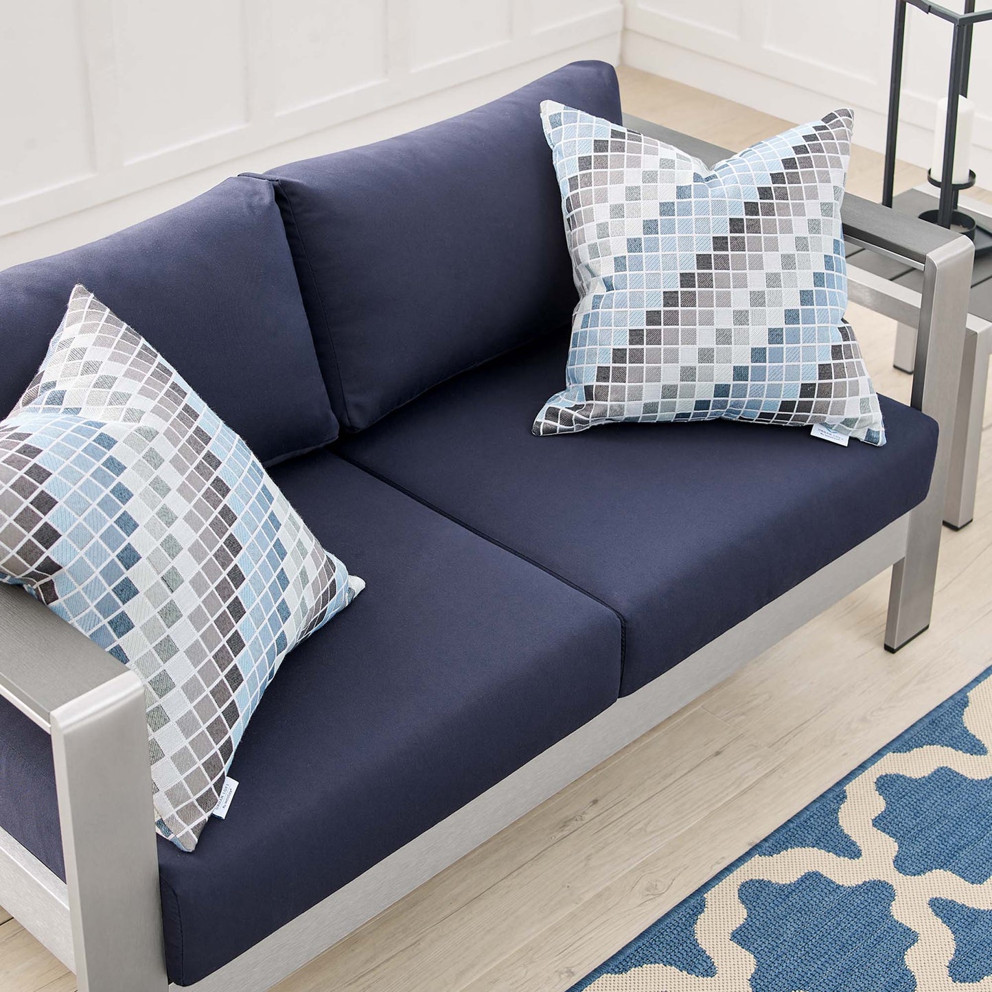 Marlow Sunbrella® Fabric Aluminum Outdoor Patio Loveseat in Silver Navy