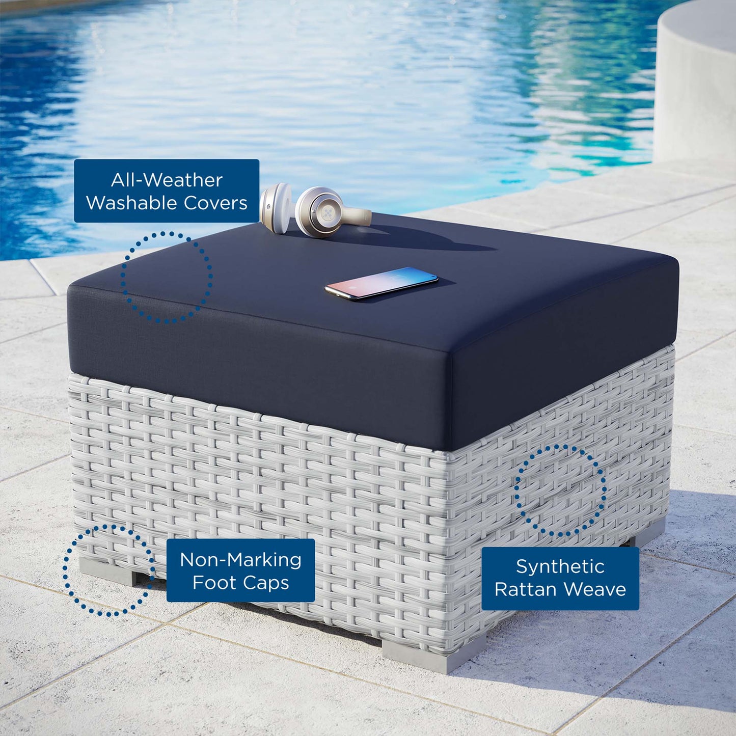 Sienna Outdoor Patio Ottoman in Light Gray Navy