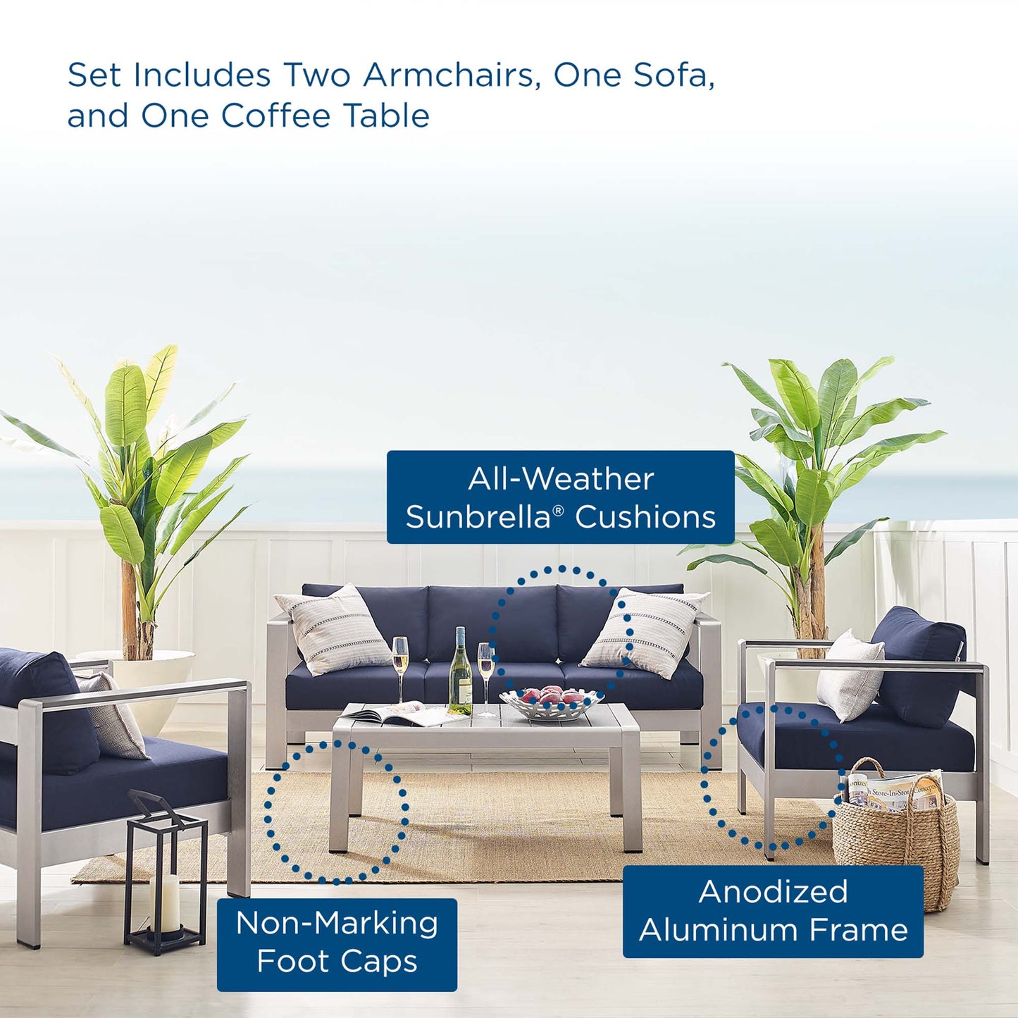 Marlow 4 Piece Sunbrella® Fabric Outdoor Patio Aluminum Set in Silver Navy