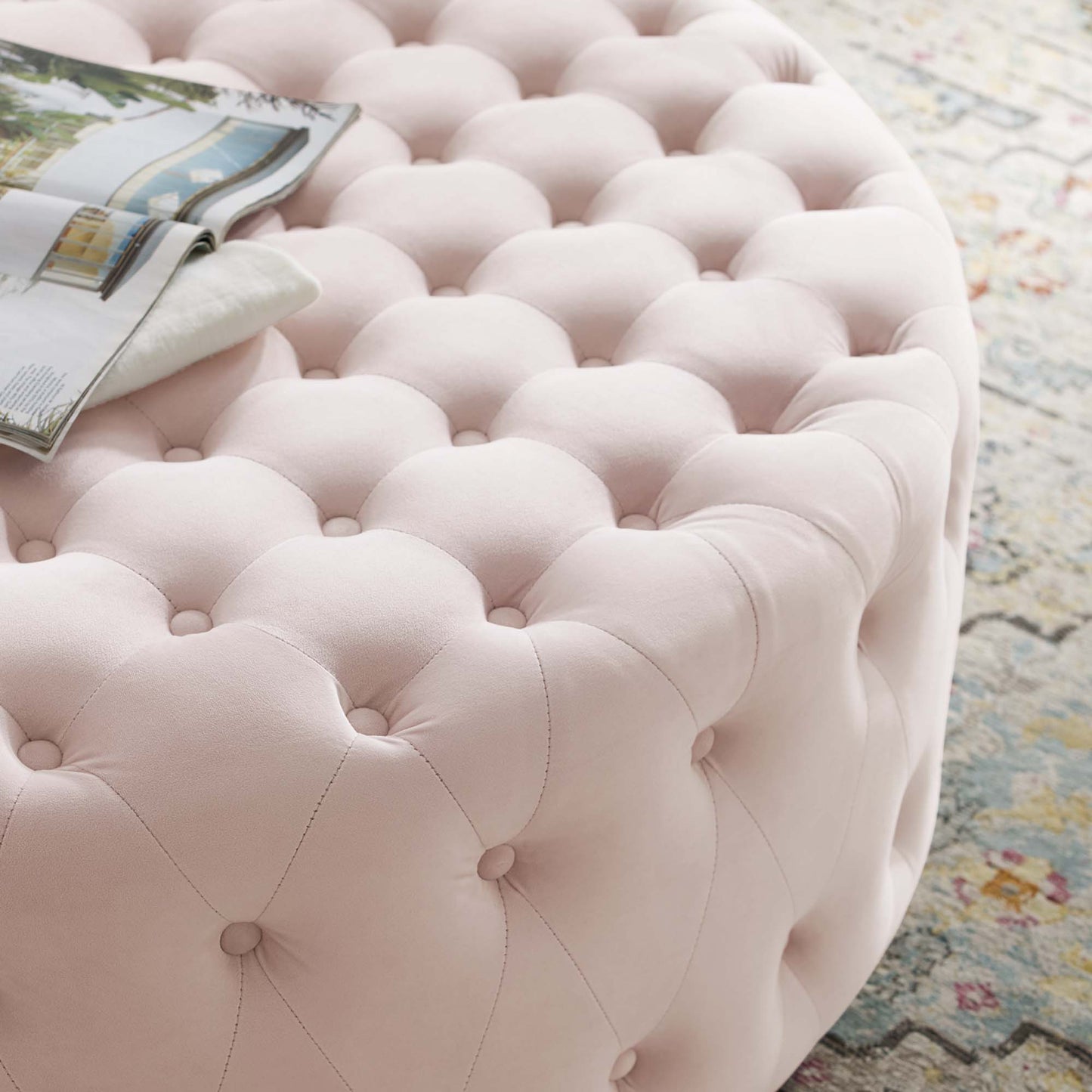 Rosalind Tufted Performance Velvet Round Ottoman in Pink