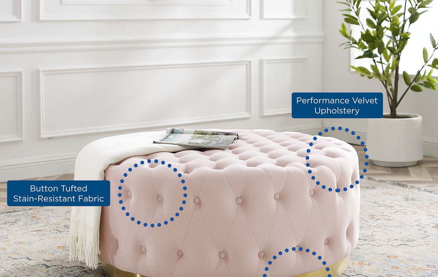 Rosalind Tufted Performance Velvet Round Ottoman in Pink
