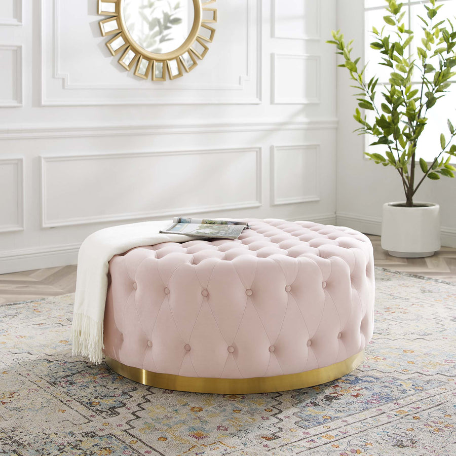 Rosalind Tufted Performance Velvet Round Ottoman in Pink