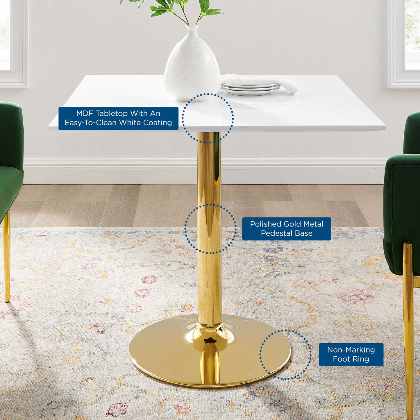 Theo 35" Square Dining Table in Gold White