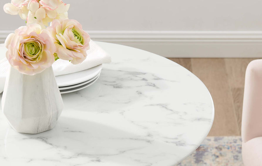 Theo 28" Artificial Marble Dining Table in Gold White