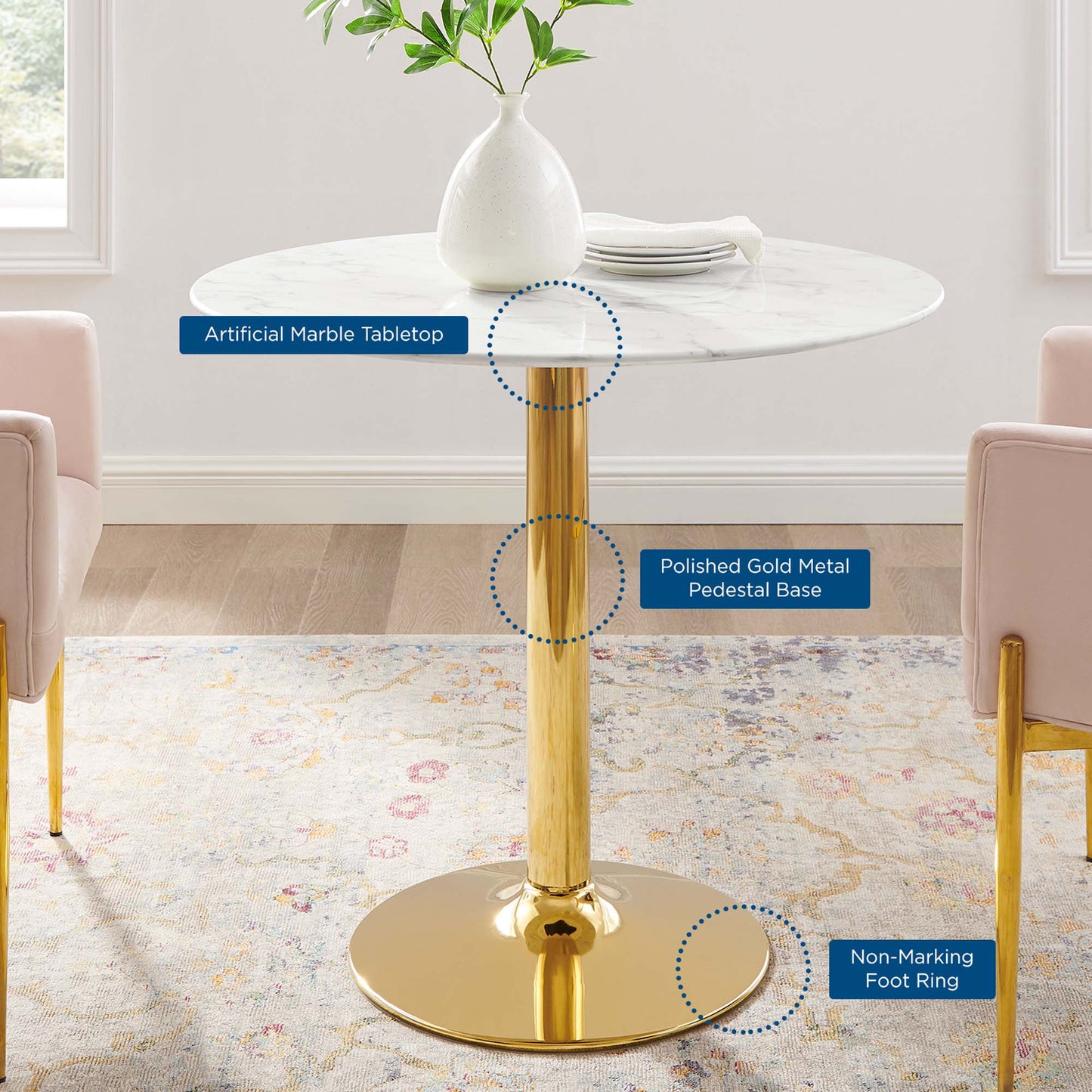 Theo 35" Artificial Marble Dining Table in Gold White