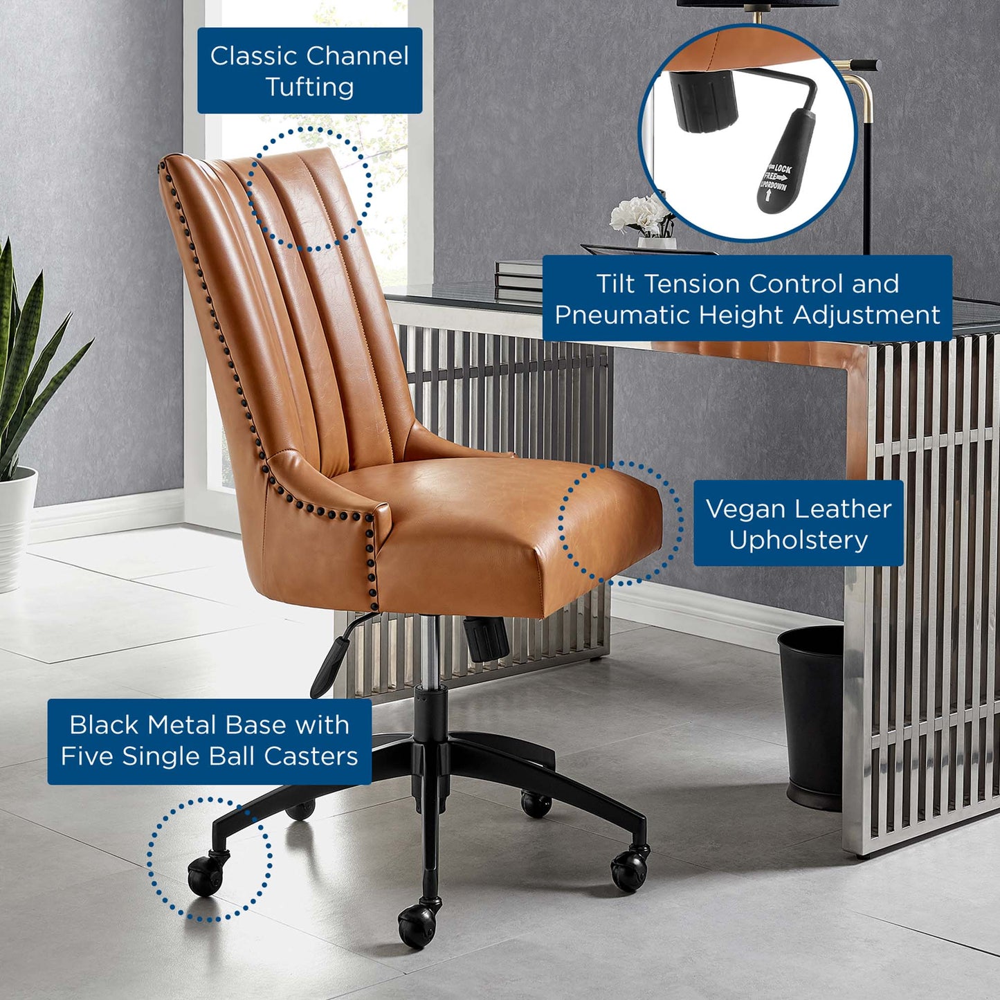 Pomona Channel Tufted Vegan Leather Office Chair in Black Tan
