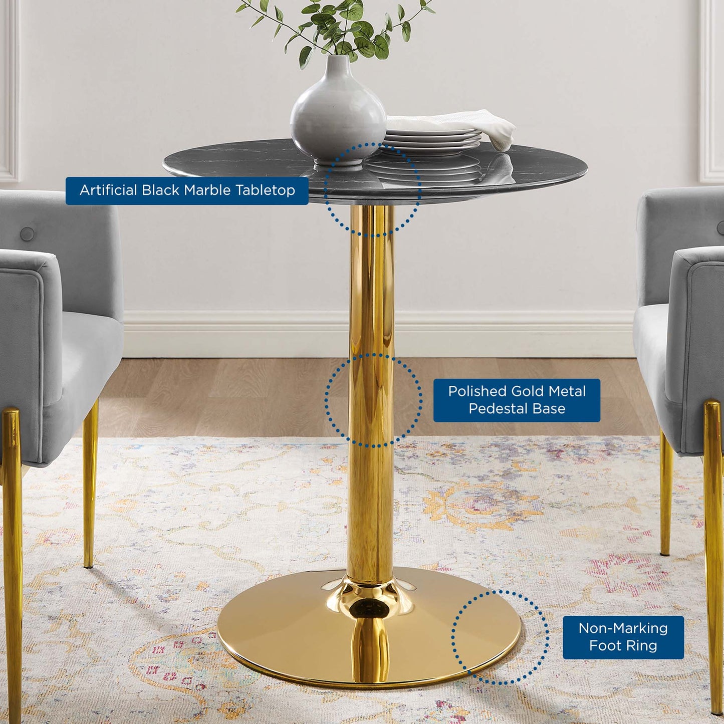 Theo 28" Artificial Marble Dining Table in Gold Black
