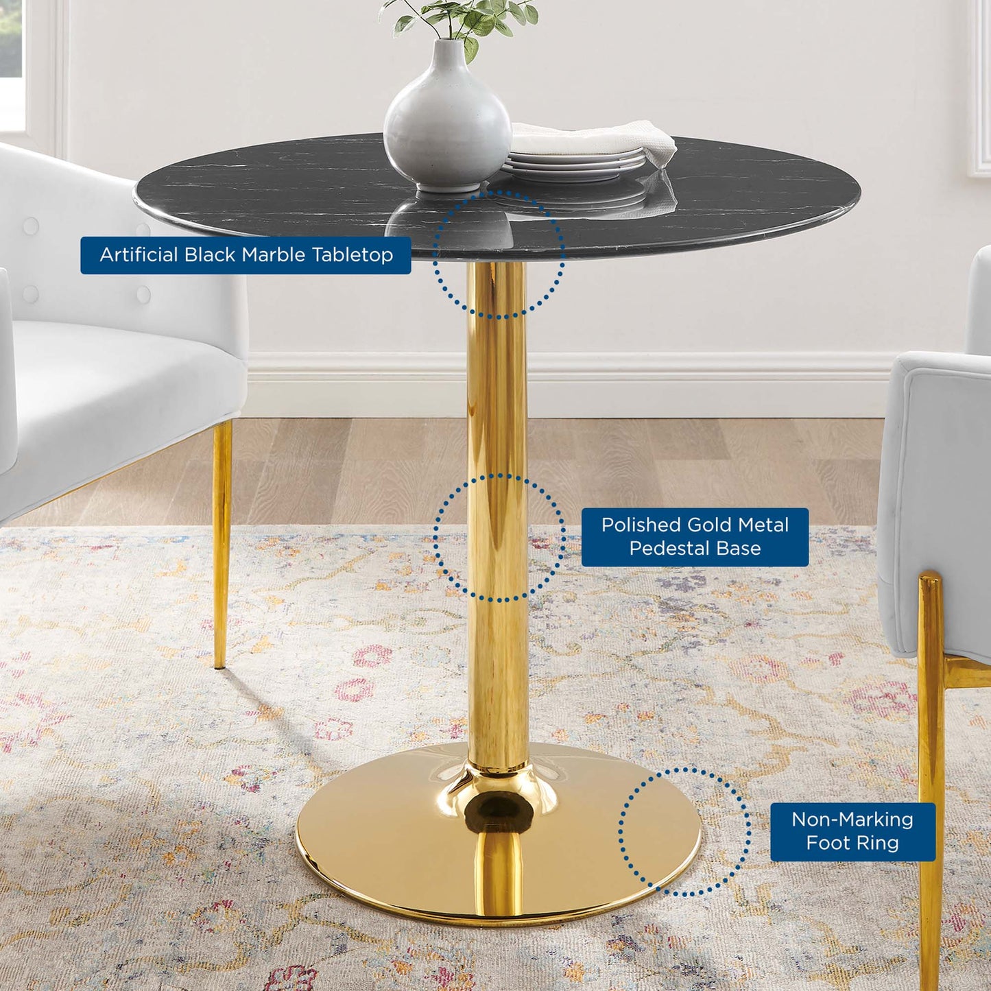 Theo 35" Artificial Marble Dining Table in Gold Black
