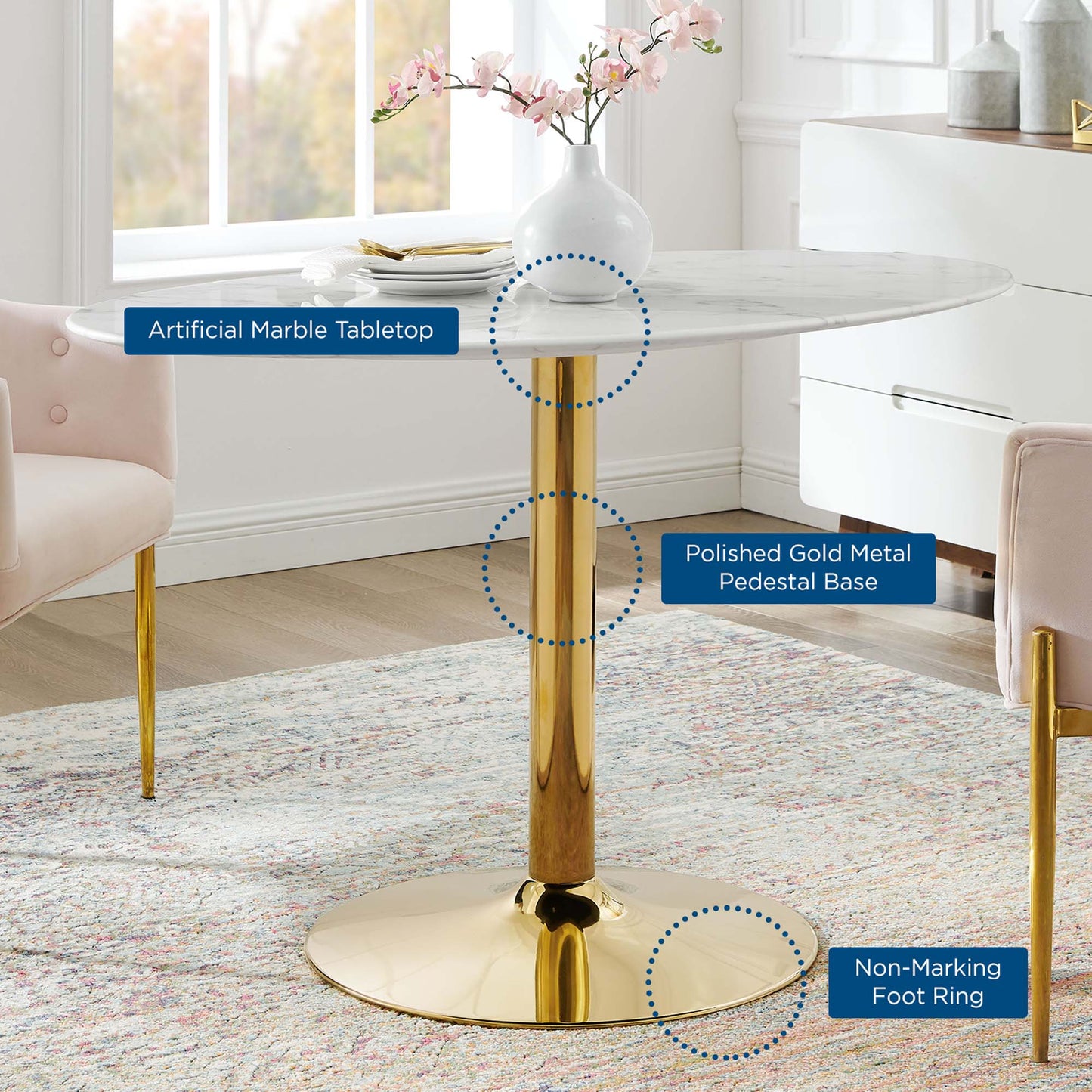 Theo 48" Oval Artificial Marble Dining Table in Gold White