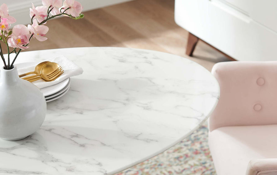 Theo 48" Oval Artificial Marble Dining Table in Gold White
