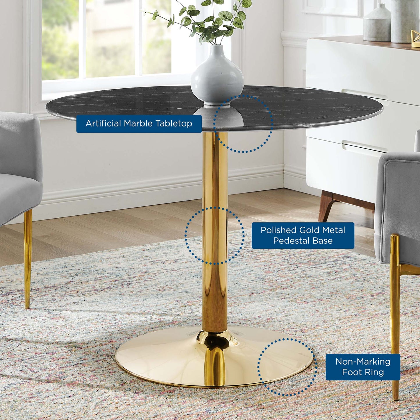 Theo 40" Artificial Marble Dining Table in Gold Black