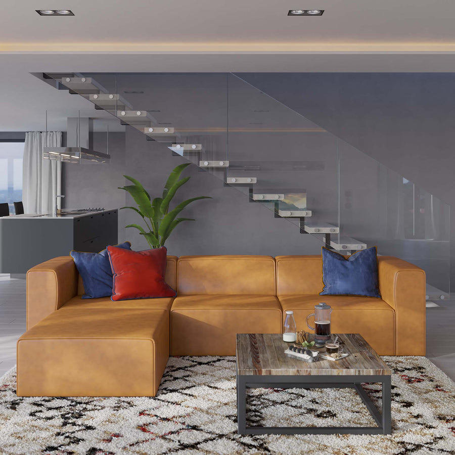 Pike Vegan Leather Sofa and Ottoman Set in Tan