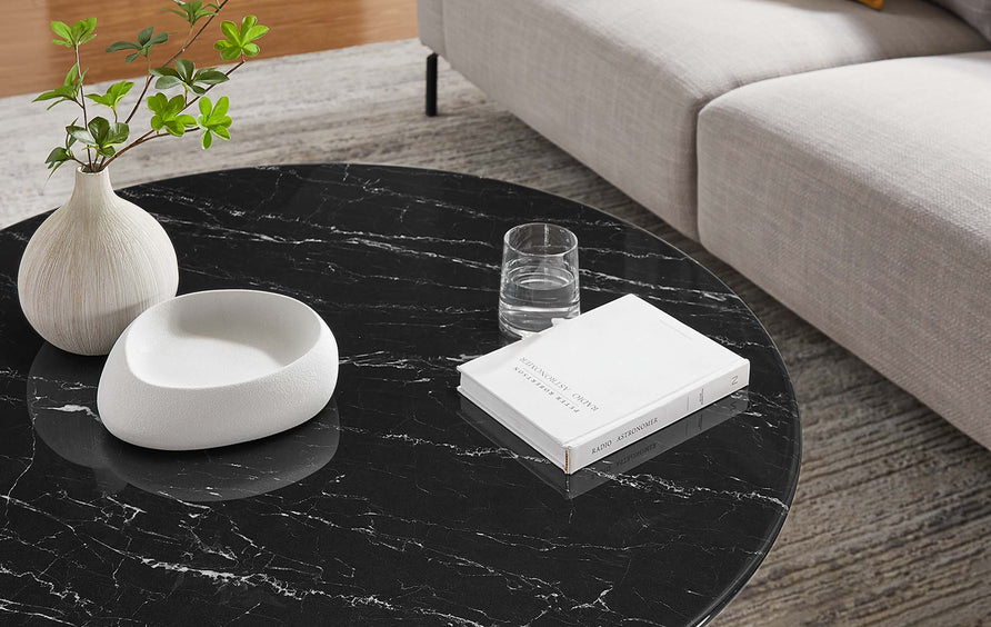 Lumen 36" Round Faux Marble Coffee Table in Black Black