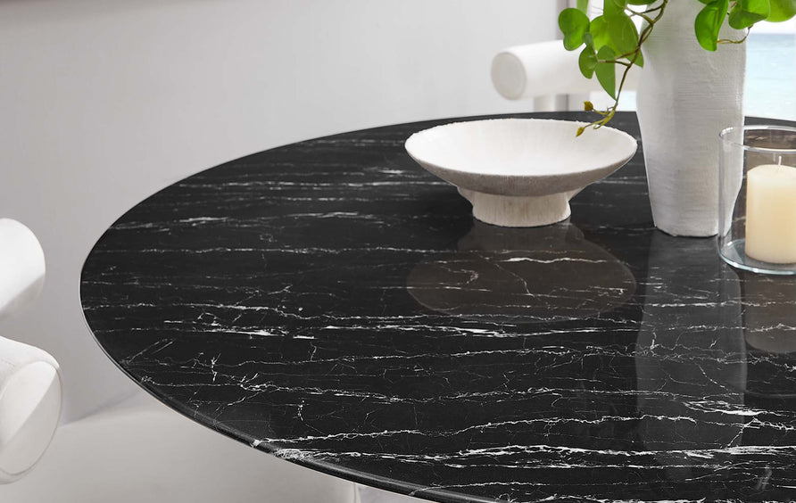 Lumen 60" Round Faux Marble Dining Table in White Black