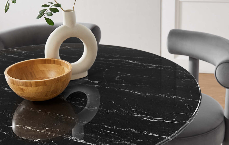 Lumen 40" Round Faux Marble Dining Table in Gold Black