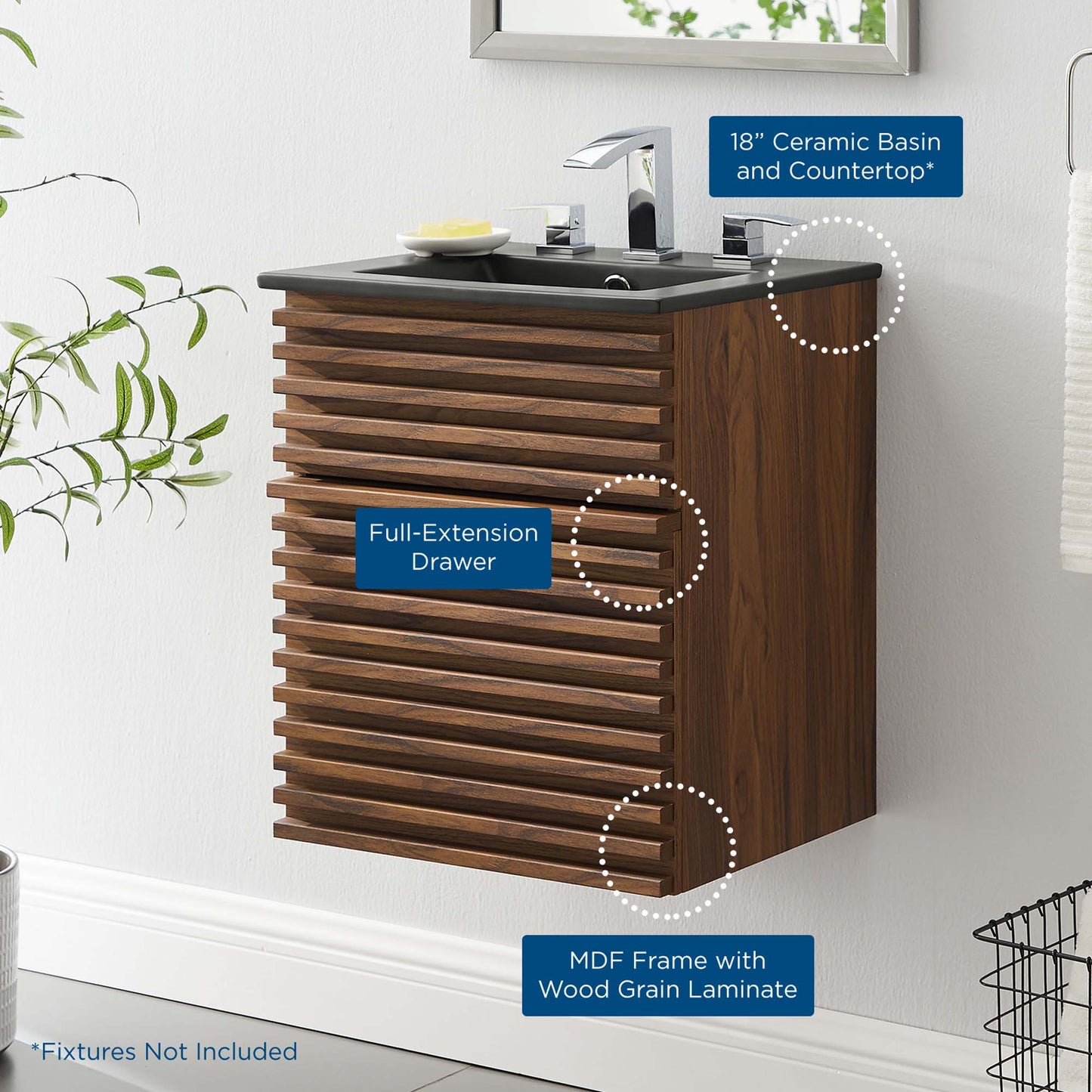 Vera 18" Wall-Mount Bathroom Vanity in Walnut Black