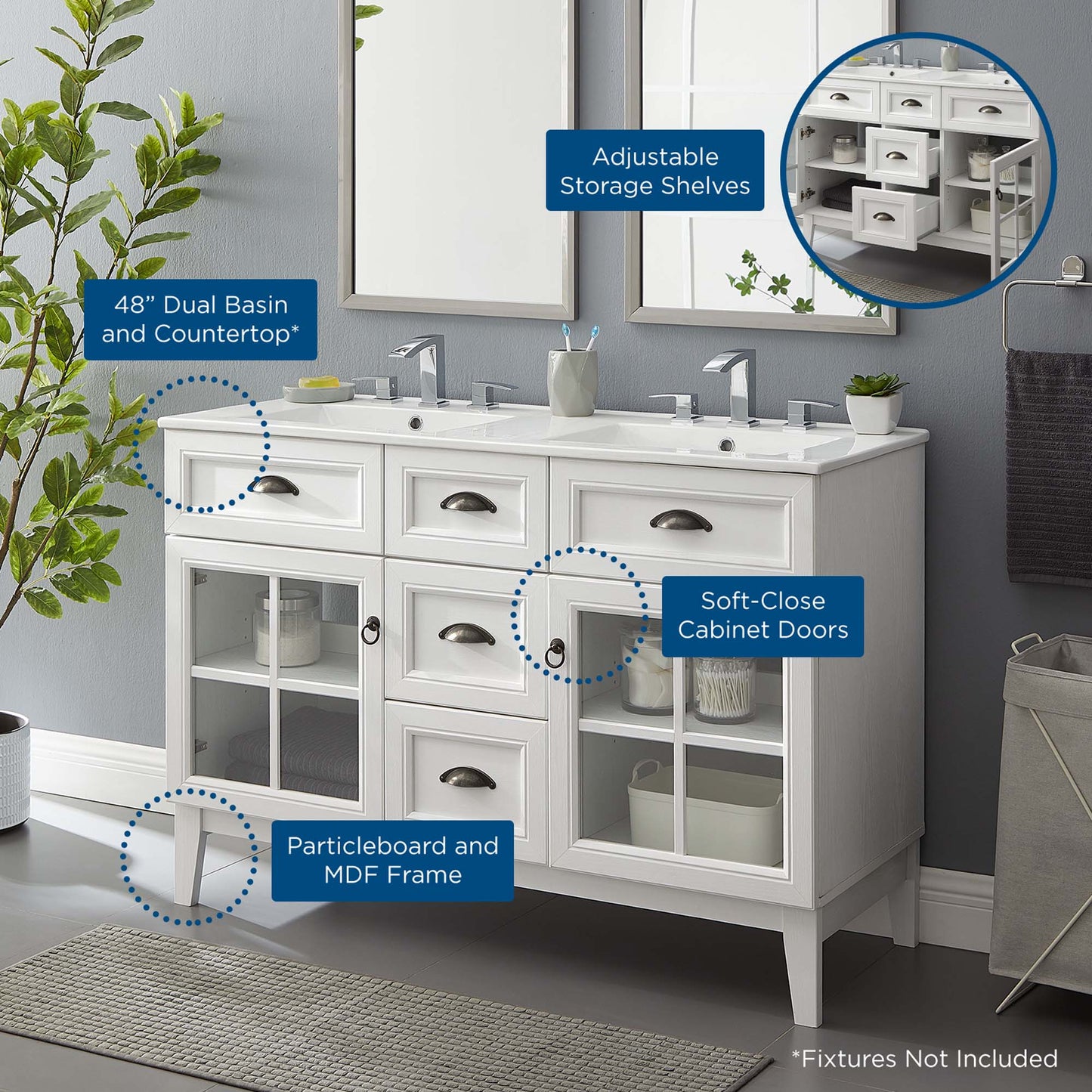 Vance 48" Double Bathroom Vanity Cabinet in White White