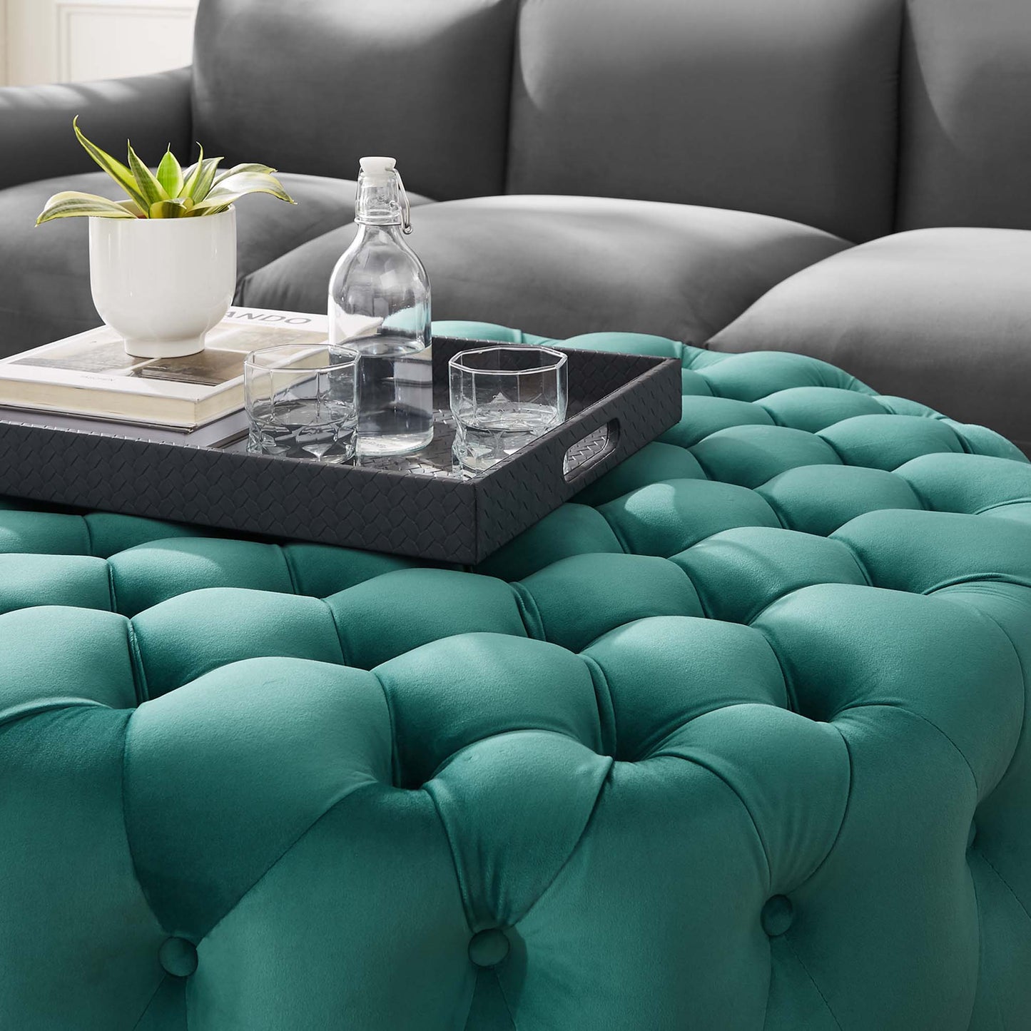 Alder Tufted Button Large Round Performance Velvet Ottoman in Teal