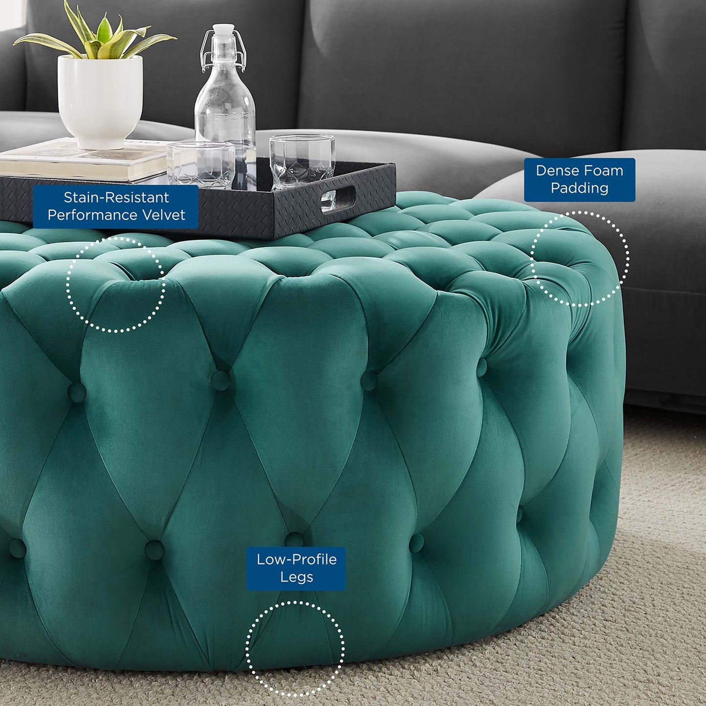 Amour Tufted Button Large Round Performance Velvet Ottoman by Furniture For America