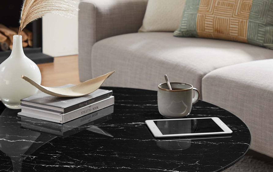Lumen 36" Round Faux Marble Coffee Table in Gold Black